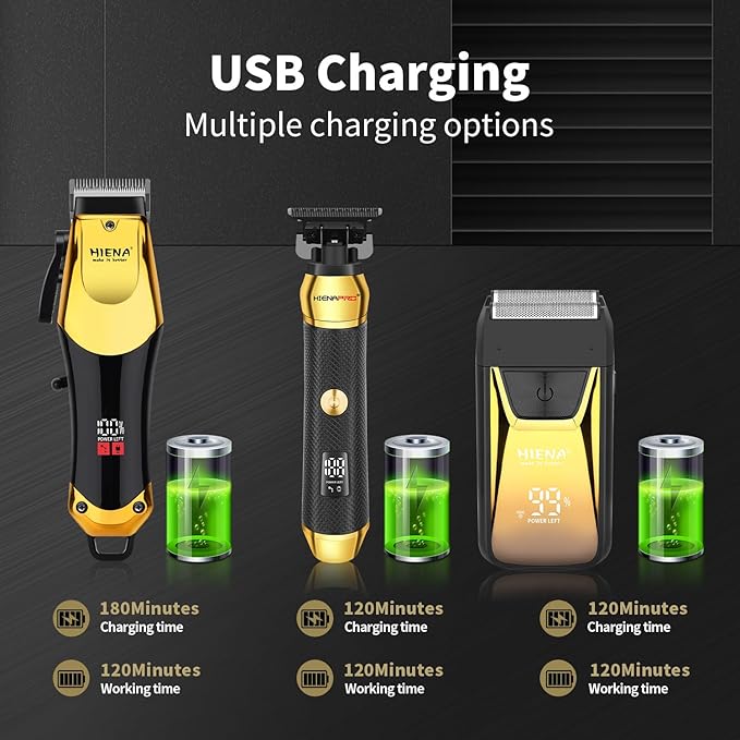 HIENA PRO Professional Cordless Hair Clippers for Men, T-Blade Beard Trimmer & Foil Shaver Set, Rechargeable Barber Clipper Kit and Hair Cutting Set, Facial Grooming Kit with LED Display