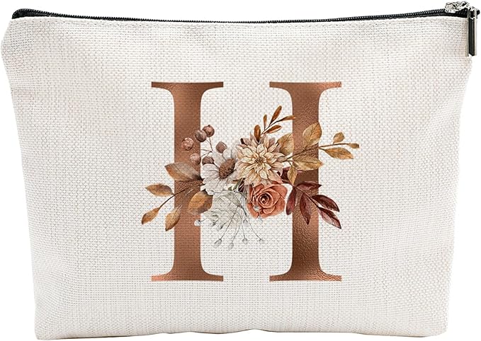 A-Z Boho Personalized Cosmetic Bag-Floral Cotton Letter Makeup Bag With Zipper-Artistic Cosmetic Bag For Travel-Bride,Birthday Gift For Women Daughter Friends-Women Makeup Organizer-A08