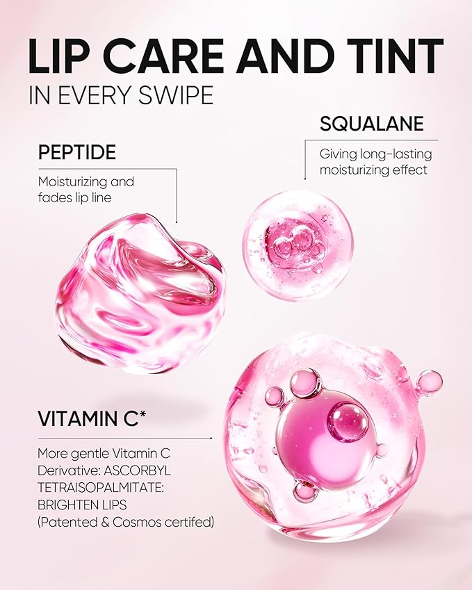Hydrating Brightening Lip Serum, Smooth Tinted Lip Stain, Plumping Lip Gloss with Polypeptide Squalane, Moisturizing Balms, Brighten Dark Lips, Korean Beauty Makeup (01 Baby Pink)