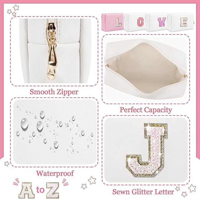 Initial Letter Patch Makeup Bag, Small Preppy A-Z Glitter Letter Cosmetic Bag, PU Leather Waterproof Travel Toiletry Bag, Cute Make Up Pouch Personalized Monogrammed Gift for Women Teen Girls