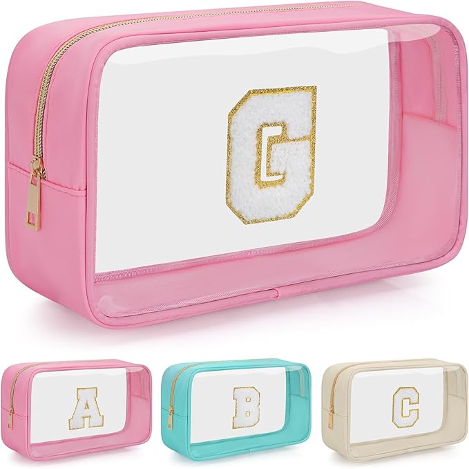 Personalized Initial Clear Makeup Bag, Travel Chenille Patch Cosmetic Bag, Preppy Toiletry Bag Monogram Cosmetic Pouch with Zipper, Ideal Gift for Teen Girls Women (Clear-Pink, G)