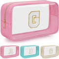 Personalized Initial Clear Makeup Bag, Travel Chenille Patch Cosmetic Bag, Preppy Toiletry Bag Monogram Cosmetic Pouch with Zipper, Ideal Gift for Teen Girls Women (Clear-Pink, G)