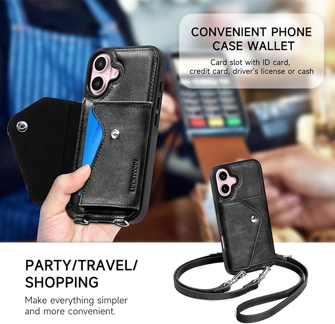 LUCKYCOIN Crossbody Wallet Phone Case for iPhone 16,100% Genuine Leather Wallet Phone Case with Expandable Flip Card Holder,Phone Purse for Women with Adjustable Removable Strap - Black
