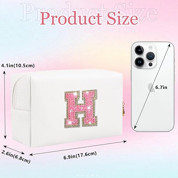 Glitter Initial Letter Makeup Bag, Small Personalized Sequins Letters PU Leather Cosmetic Bag Portable Waterproof Makeup Zipper Pouch, Shine Handbag Organizer Travel Bag Gifts for Women&Girls(White-H)