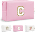 Personalized Initial Preppy Makeup Bag, Small Cute Pink Toiletry Pouch Monogram Cosmetic Travel Organizer with Zipper, PU Waterproof Glitter Make Up Bags Gift for Female Coworker Friends(Letter C)
