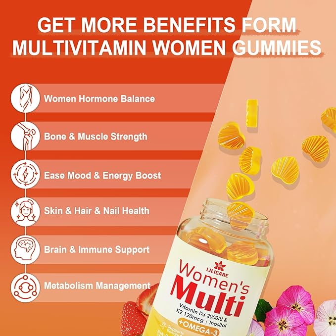 Womens Multivitamin Gummy with Omega 3（DHA/EPA), Vitamin D3 K2, Calcium, Inositol, Daily Womens Vitamin A C E B Complex, L-MethylFolate, Methyl B12,Sugar Free Methylated Multivitamins Minerals, 60Cts