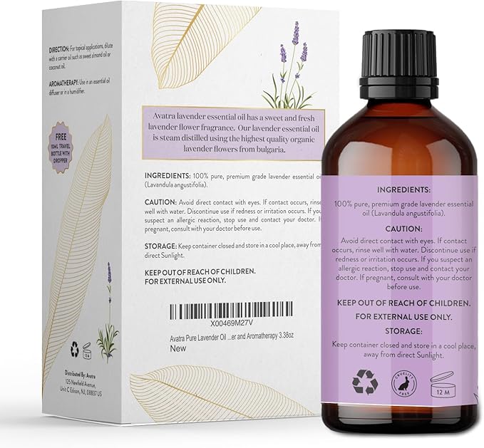 Avatra Lavender Essential Oil 100ML (3.38 OZ) with Glass Dropper and Travel Bottle, Pure and Natural Therapeutic Grade Lavender Oil for Diffuser, Aromatherapy, Massage, and DIY Candle Products