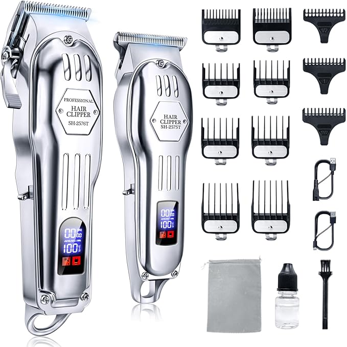 Professional Cordless Hair Clippers for Men, Trimmers Set and Barber Clippers for Haircut, Beard Trimmer Kit with LCD Display, Grooming Set, Rechargeable Hair Cutting Machine for Family