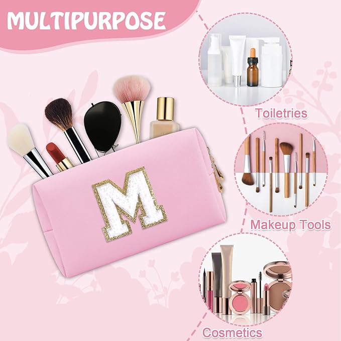 Small Travel Initial Preppy Makeup Bag, Personalized Pink Cute Cosmetic Organizer Chenille Letter Travel Toiltery Zipper Pouch, Waterproof PU Leather Make Up Case Mothers Day Gifts for Mom(Letter M)