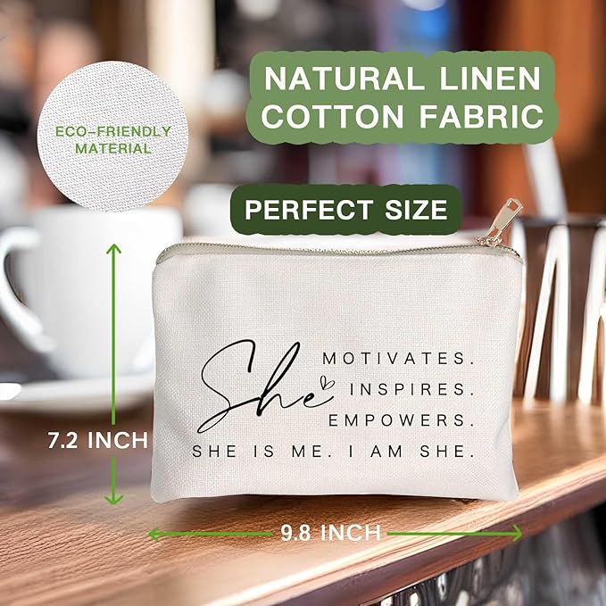 She Motivates Inspires Empowers Makeup Bag She is Me Entrepreneurship Gift Women's Motivational Cosmetic Bags Powerful and Inspirational Travel Bag Gift for Her
