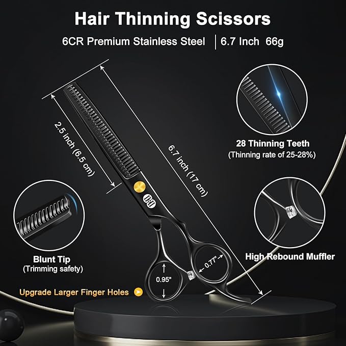 CIICII Hair Cutting Scissors Shears Kit, Professional Barber Haircut Scissors Set (6.7 Inch Hair Beard Hairdressing Trimming Haircutting Thinning Shears) for Men Women Hairdresser Home Salon (Black)