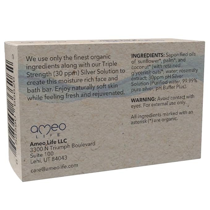 Ameo Life Colloidal Silver Soap Bar 4oz – 30ppm Unscented Natural Cleanser for Face & Body – Gentle Skincare for Women & Men