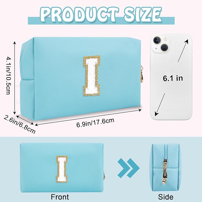 Personalized Small Initial Preppy Makeup Bag, Cute Blue Chenille Letter Cosmetic Organizer Toiletry Travel Pouch, Waterproof Portable PU Monogram Make Up Bag Case Gift for Women Friends Her(Letter I)