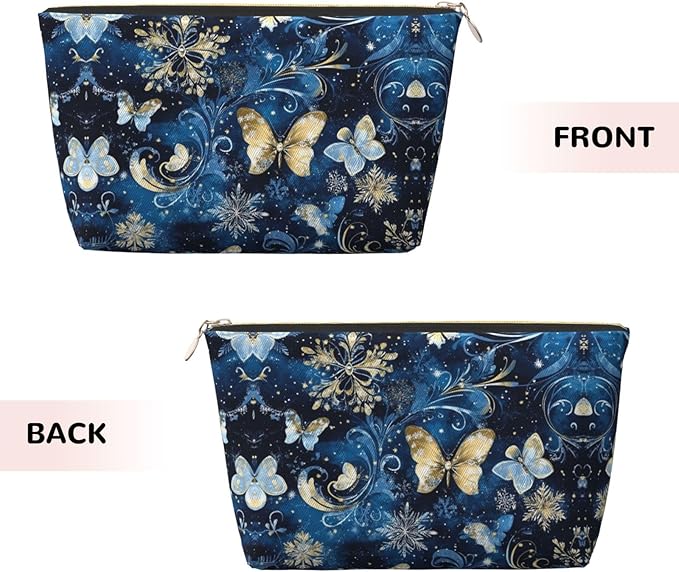 Womens Leather Makeup Bag Cosmetic Bag Travel Toiletry Bags Make Up Bags for Women Adult (Christmas Snowflakes Butterfly-21)