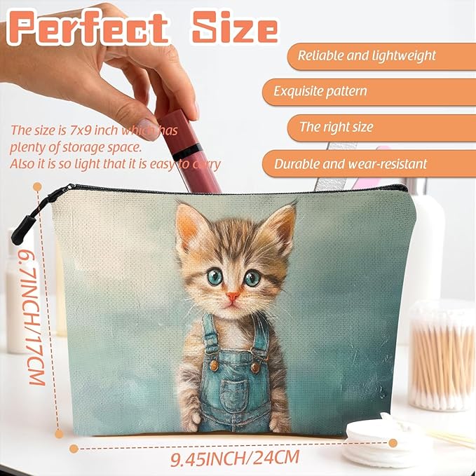 Cosmetic Bags Travel Makeup Toilet Case Waterproof Pouch for Women Girls 6.7X9.45inches - The Adorable Allure of A Kitten in Blue Overalls