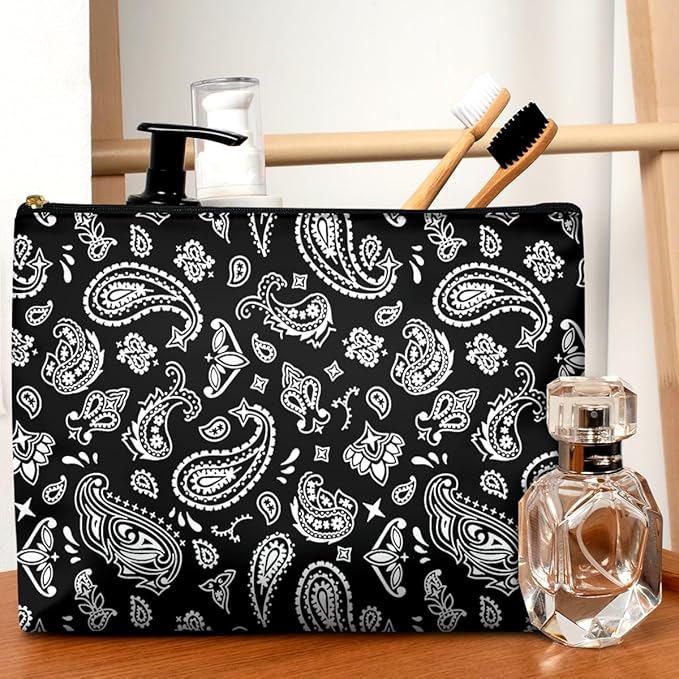 Cute Makeup Bag for Purse Waterproof Cosmetic Bags for Women Funny Smooth Zipper Travel Toiletry Pouch 10X8 Inches-Paisley Floral-Black Makeup pouch
