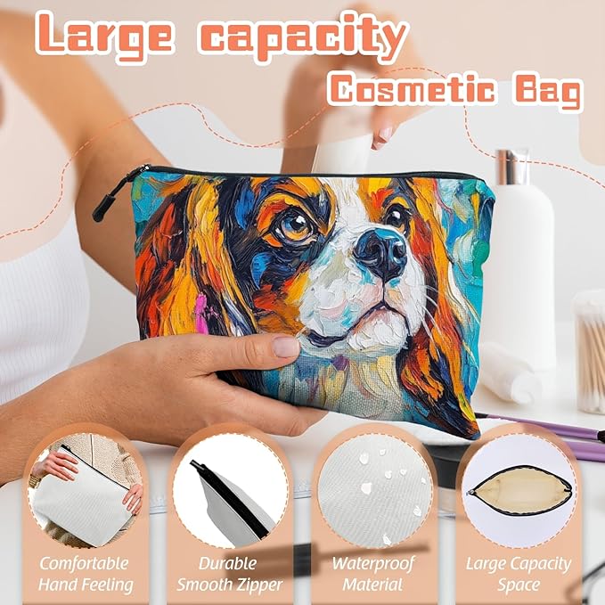 Cosmetic Bags Travel Makeup Toilet Case Waterproof Pouch for Women Girls 6.7X9.45inches - Vivid Artistic - Spaniel Canvas