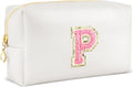 Initial Makeup Bag Personalized Preppy Travel Small Cosmetic Bag Cute PU White Chenille Letter Makeup Pouch for Purse Waterproof Zippered Toiletry Organizer for Women Girl Kid Friends (P)