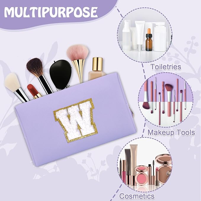 Small Travel Initial Preppy Makeup Bag, Chenille Letter Cute Purple Cosmetic Organizer Toiletry Zipper Pouch, Waterproof Make Up Case Storage Personalized Wedding Gift for Brides Bridesmaids(Letter W)