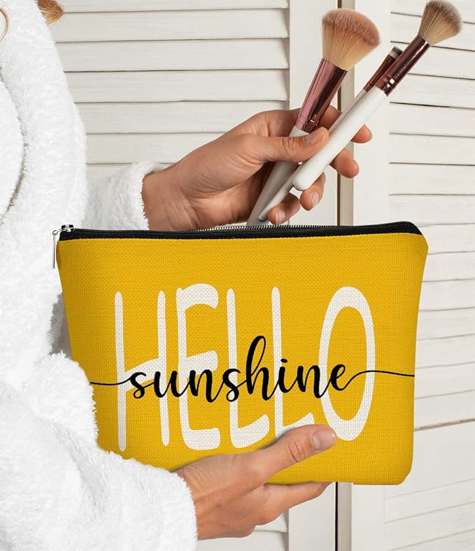 Hello Sunshine Summer Yellow Inspirational Makeup Bag Cosmetic Bag Gift for Teen Girls,Birthday Christmas Gifts for Women Friends Mom Wife Grandma Daughter Teacher Coworker