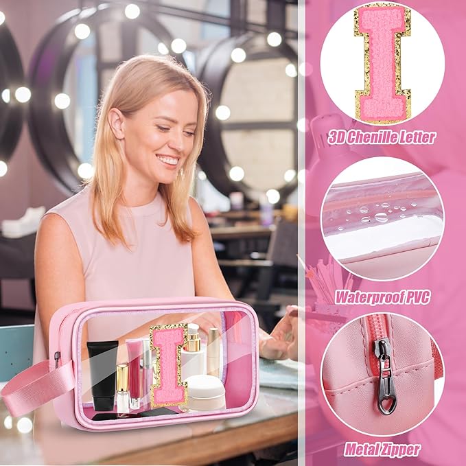 Initial Makeup Bag,Letter I Cute Clear Monogrammed Cosmetic Travel Bag for Womens Girls,Personalized Pink Aesthetic Traveling Make Up Organizer Bag for Beach,Waterproof Toiletry Bag