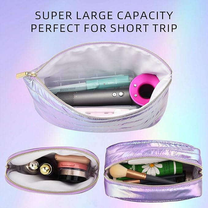 Hiroyuki Iridescent Quilted Makeup Bag, 3pcs Cute Makeup Bag Set, Large Capacity Cosmetic Organizer Travel Toiletry Pouch (plain, purple)