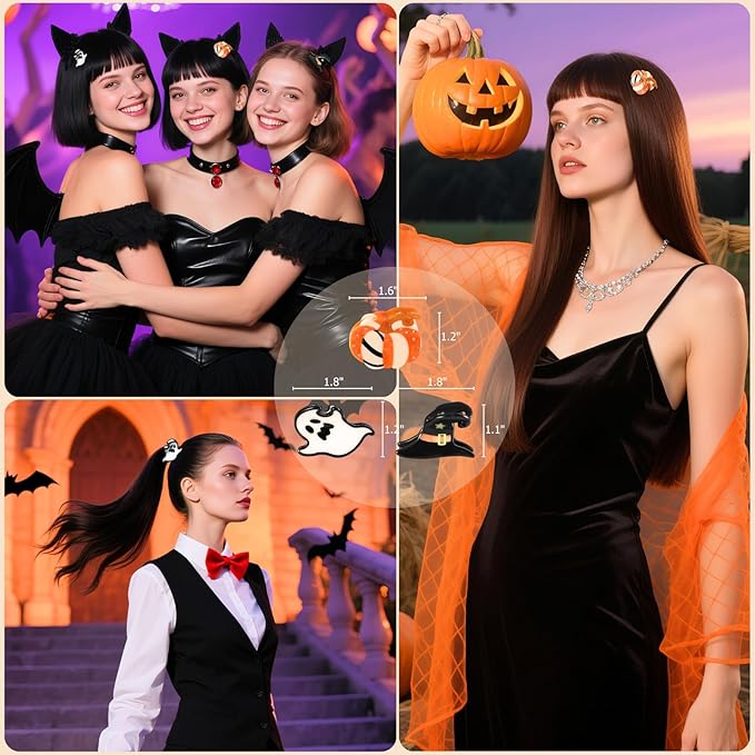 Mini Cute Halloween Acetate Hair Claw Clips for Women- Italian Designed Original Handmade Vintage Halloween Hair Accessories- Pumpkin, Witch Hat, Ghost, Nonslip, Plant-Based, Gift Boxed, 3-Pack