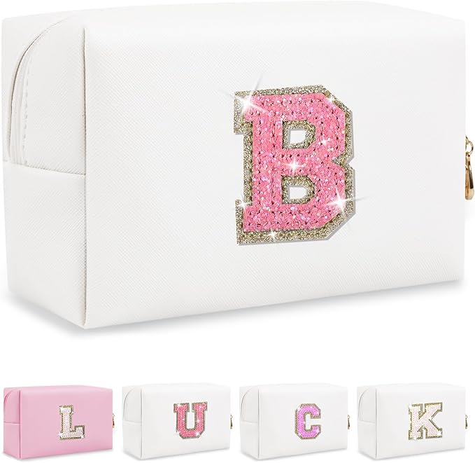 Personalized Initial Letter Makeup Bag, Preppy Glitter Letter Patch Cosmetic Pouch Zipper,PU Waterproof Travel Toiletry Bag Cute Makeup Organizer Monogrammed Make Up Bag,Gift for Women Girls(Letter B)
