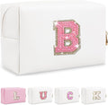Personalized Initial Letter Makeup Bag, Preppy Glitter Letter Patch Cosmetic Pouch Zipper,PU Waterproof Travel Toiletry Bag Cute Makeup Organizer Monogrammed Make Up Bag,Gift for Women Girls(Letter B)
