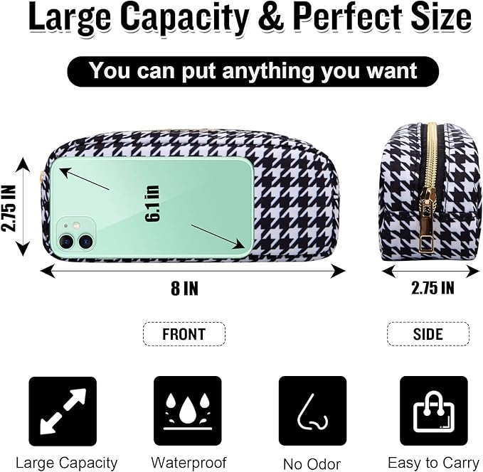 Nylon Slim Makeup Bag, Cute Makeup Brush Case, Preppy Cosmetic Zipper Pouch for Purse, Travel Toiletry Bag Clutch Coin Pouch Make Up Organizer for Women Girls (Black Houndstooth)