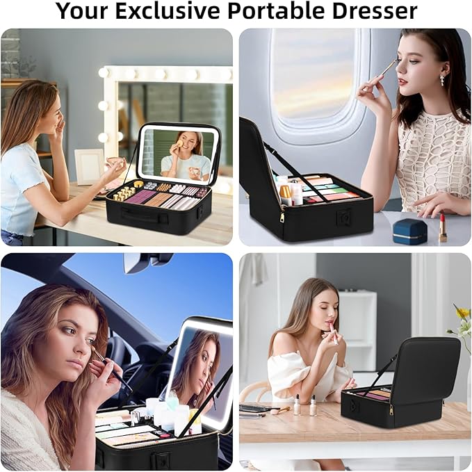 Upgraded Large Travel Makeup Bag with LED Mirror, 15” Professional Makeup Case with 3 Color Modes Dimming Lighted Mirror, Light up Cosmetic Make up Organizer with PU Leather Cover, Adjustable Dividers