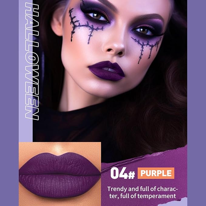 6pcs Matte Liquid Lipstick Makeup Set, Dark Black Green Purple Red Orange White Lip Gloss Kit With Case, Vivid Vampire Velvet Lip Stick for Halloween Cosplay Goth Costume Makeup