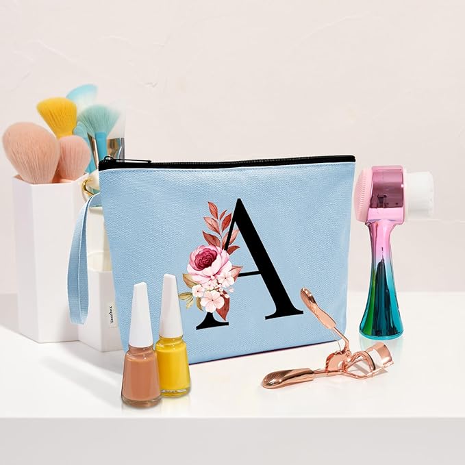 Vavabox A-Z Personalized Makeup Bag, Birthday Gifts for Women Mom, Gifts for Best Friend, Bride Bridesmaid Cosmetic bag (E, Blue)