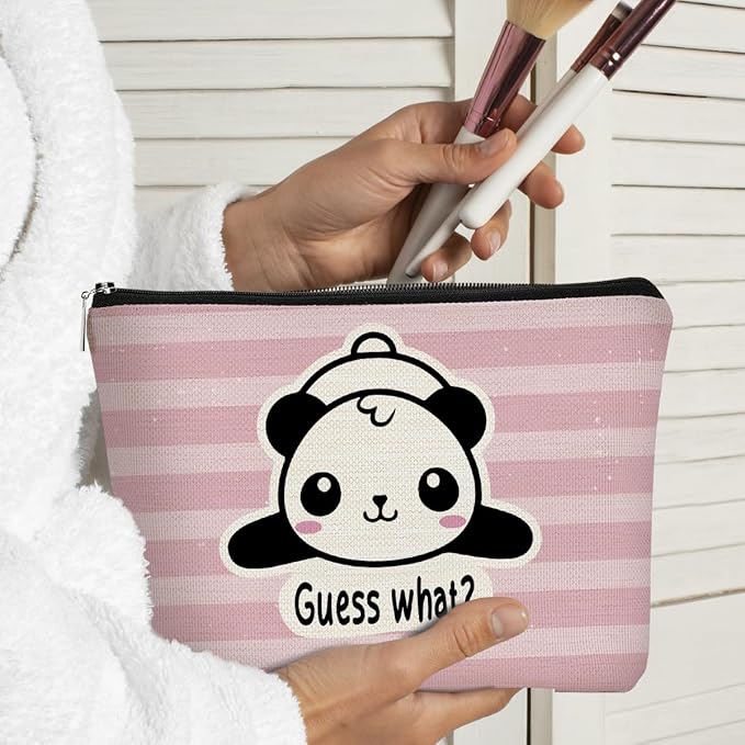 Panda Gifts Pink Makeup Bag,Gifts for Panda Lover Wonmen Girls,Cute Baby Panda Guess What It's Pug Butt Cosmetic Bag,Makeup Case for Teen Girls Daughter, Panda Accessories(Pink Stripe)