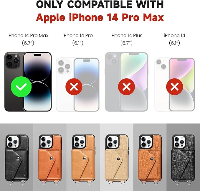 LUCKYCOIN Crossbody Wallet Phone Case for iPhone 14 Pro Max,100% Genuine Leather Wallet Phone Case with Expandable Flip Card Holder,Phone Purse for Women with Adjustable Removable Strap - Brown