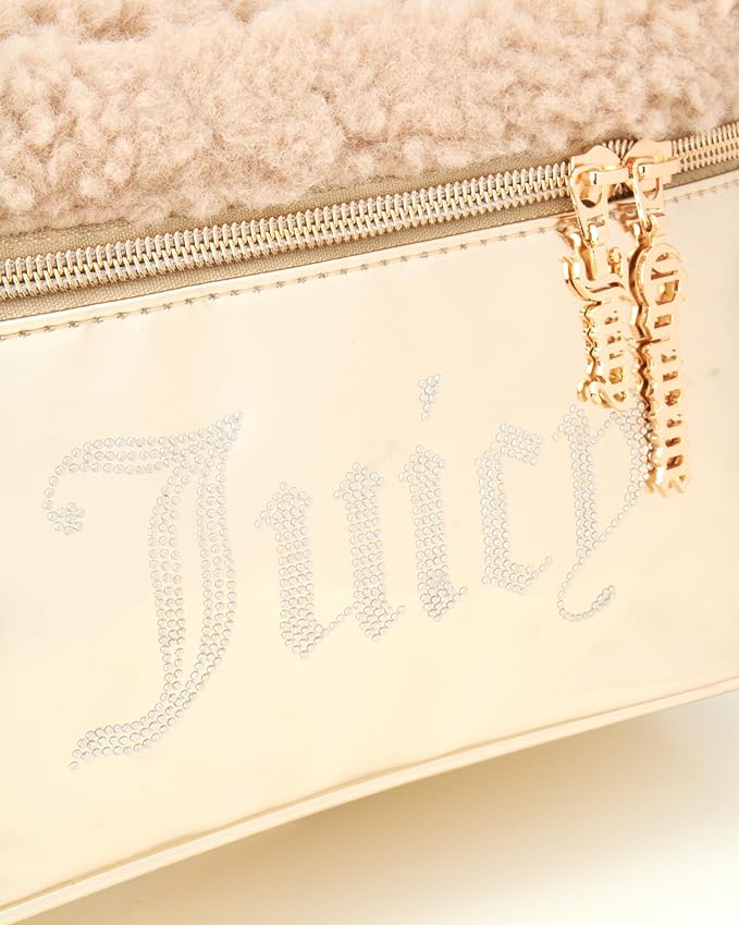 Juicy Couture Gold Makeup Bag Cosmetics Organizer Travel Essentials Train Case Shiny Rhinestones Faux Shearling
