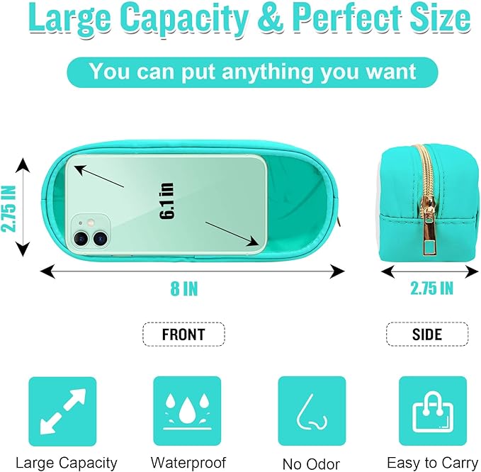 Nylon Small Clear Makeup Bag Slim Pouch, Cute Preppy Cosmetic Zipper Case for Purse, Travel PVC Toiletry Clutch Coin Bag for Women Girl (Mint)