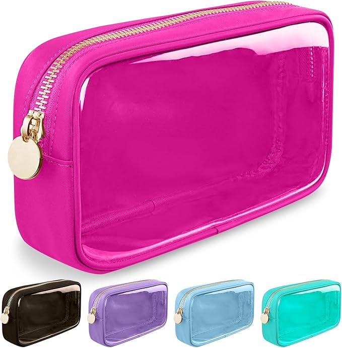 Small Clear Travel Makeup Organizer Bag for Purse, Preppy Makeup Bag Cute Cosmetic Zipper Pouch Purse, Transparent PVC & Nylon Waterproof Toiletry Storage Clutch Coin Pouch for Women Girls(Hot Pink)