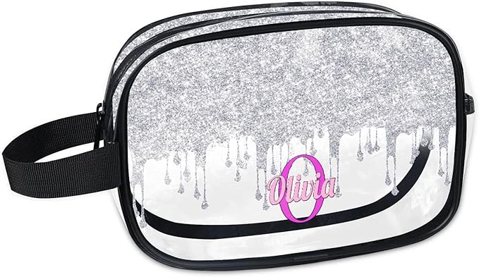 Personalized Name Toiletry Bag, Transparent PVC Large Travel Cosmetic Bag Portable Makeup Organizer Bag for Women Bathroom Shower Essentials, Silver Curtain Glittering