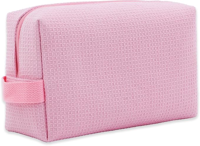 DYSHAYEN Waffle Makeup Pouch Bag, Small Travel Cosmetic Bag, Gifts for Women Bridesmaid,Wedding,Christmas (Pink)