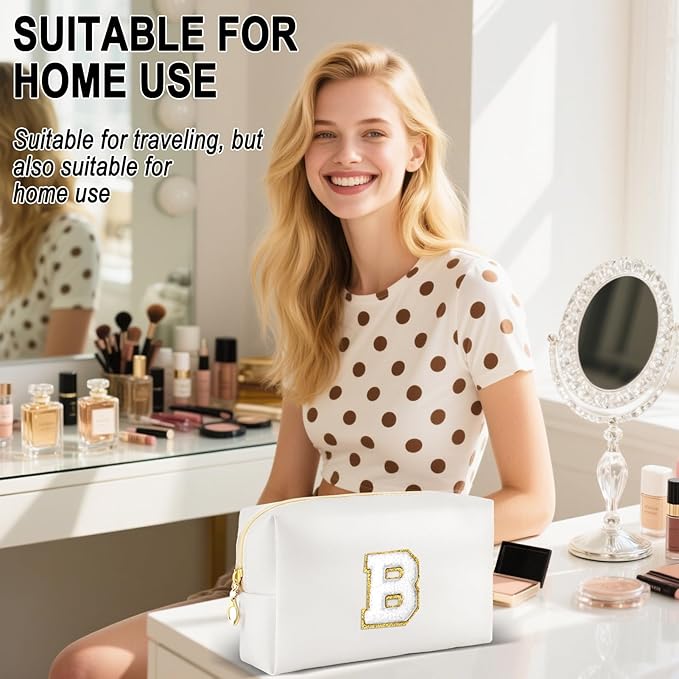 Gifts for Girls Initial Makeup Bag Personalized Cosmetic Bag with Zipper Cute Travel Toiletry Bags Waterproof PU Preppy Makeup Pouch Birthday Gift for Teen Girls Women(White B)