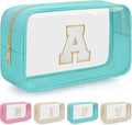 Personalized Initial Clear Makeup Bag, Travel Chenille Patch Cosmetic Bag, Preppy Toiletry Bag Monogram Cosmetic Pouch with Zipper, Ideal Gift for Teen Girls Women (Clear-Green, A)