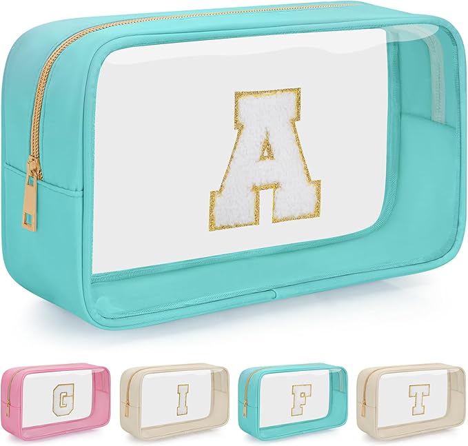 Personalized Initial Clear Makeup Bag, Travel Chenille Patch Cosmetic Bag, Preppy Toiletry Bag Monogram Cosmetic Pouch with Zipper, Ideal Gift for Teen Girls Women (Clear-Green, A)