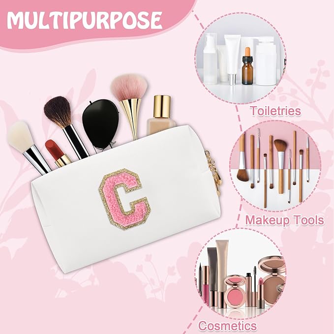Personalized Initial Preppy Makeup Bag, Small Cute White Toiletry Pouch Monogram Cosmetic Travel Organizer with Zipper, PU Waterproof Glitter Make Up Storage Gift for Coworker Teacher Her(Letter C)