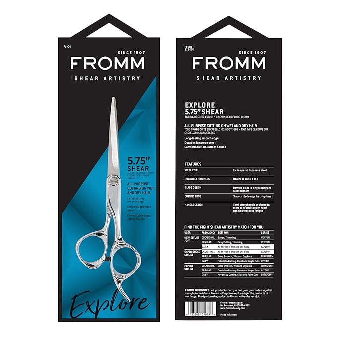 Fromm Professional Explore 5.75" Hair Cutting Shears for Wet and Dry Hair, Polished Silver Japanese Steel Scissors with Beveled Blade