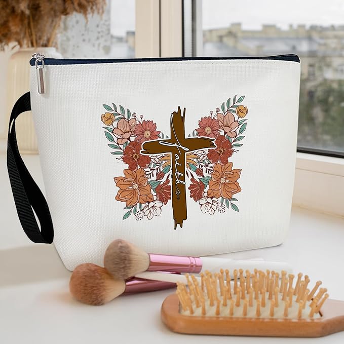 Faith Butterfly Makeup Bag for Women Accessories Organizer, Christian Gifts Religious Gifts for Ladies Wife Sister Friends Coworker, Travel Essentials Purse Toiletry Pouch Cosmetic Bag with Zipper -36