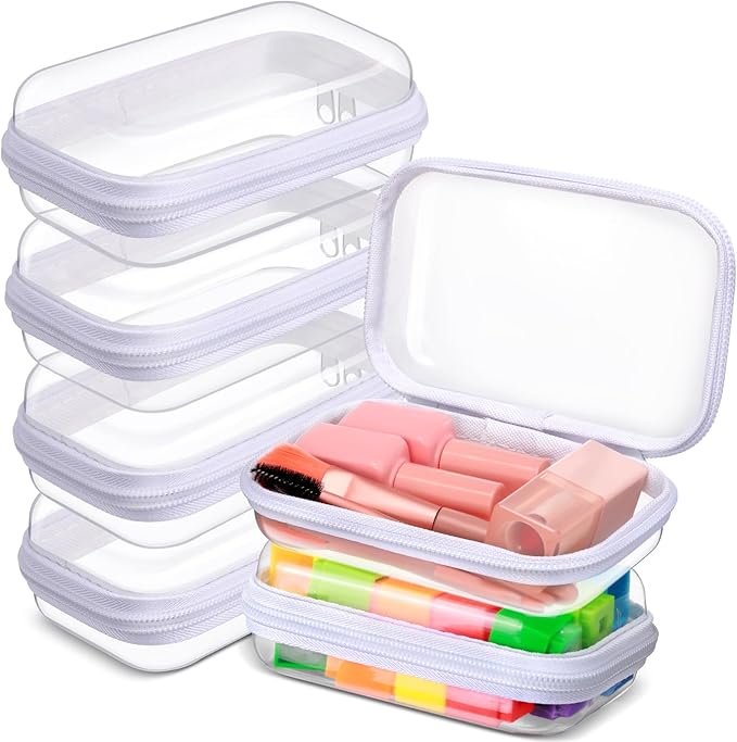 Sanwuta 6 Pcs Clear Hard Zipper Case Hard Plastic Zipper Pouches Makeup Bag Pencil Pouches Transparent Cases for Snacks Plastic Storage Organizer Box for Travel(White,5 x 3 x 2 Inch)