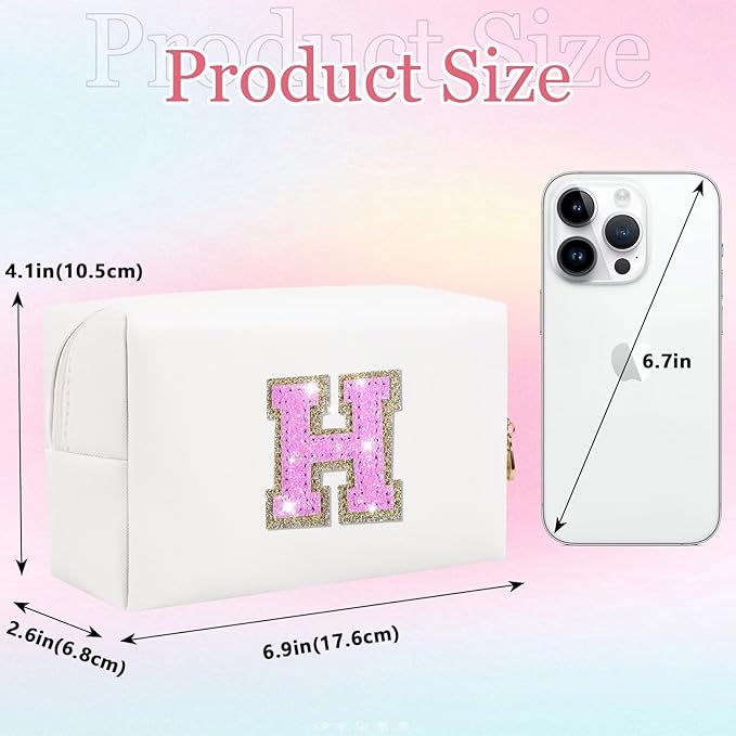 Glitter Initial Letter Makeup Bag, Small Personalized Sequins Letters PU Leather Cosmetic Bag Portable Waterproof Makeup Zipper Pouch, Shine Handbag Organizer Travel Bag Gifts for Women&Girls(White-H)