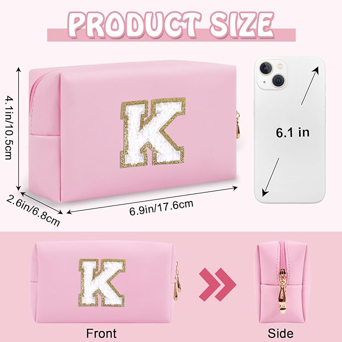 Personalized Small Preppy Makeup Bag, Chenille Letter Pink Initial Cosmetic Pouch Travel Toiletry Organizer, Waterproof PU Leather Make Up Storage Travel Essentials for Women Friendship(Letter K)