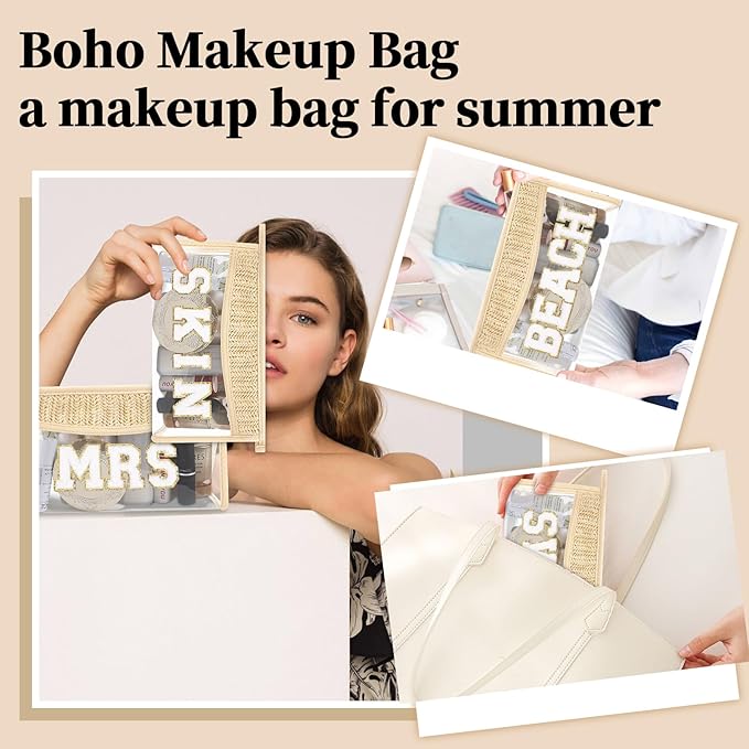 Small Boho Straw Clear Skin Makeup Bags for Women&Girls, Zipper Cosmetic Bag Chenille Varsity Letter Patch Bag, Preppy Cute Toiletry Pouch, Trendy Organizer Storage Bag for Beach Travel Essentials